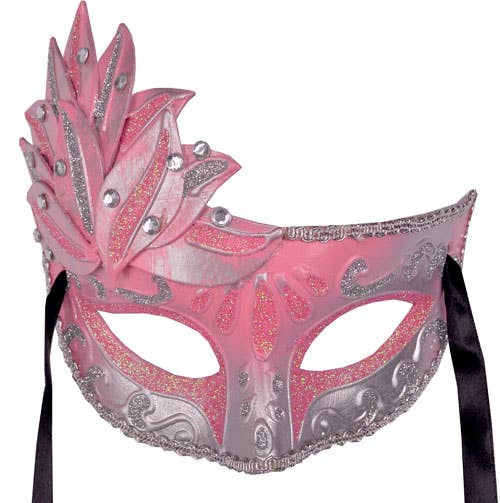 Women's Silver And Pink Side Overlay Mesquerade Mask Close Image