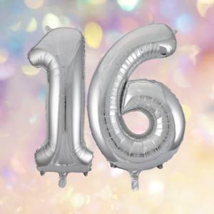 Image of silver 16th birthday balloons