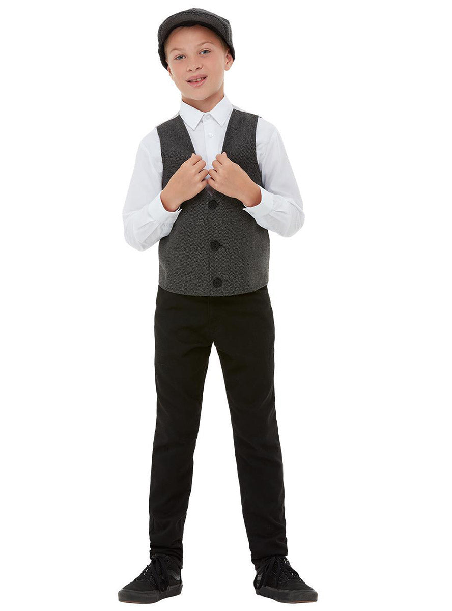 Image of 1920s Boys Gangster Waistcoat and Hat Costume Set - Alternate Front View