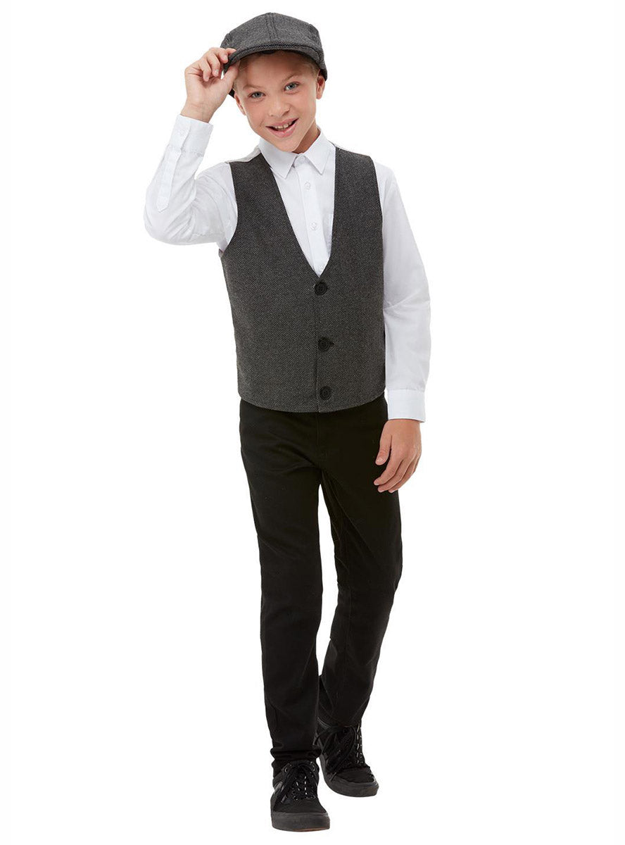 Image of 1920s Boys Gangster Waistcoat and Hat Costume Set - Main Front View