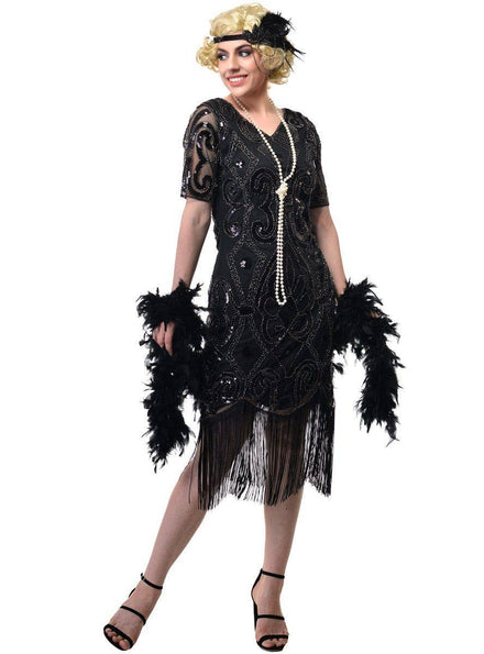 Image of womens black Gatsby flapper dress with black beads - Front Image