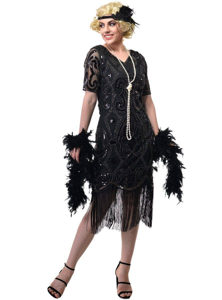 Image of 1920s Black Beaded Womens Plus Size Flapper Dress - Front Image