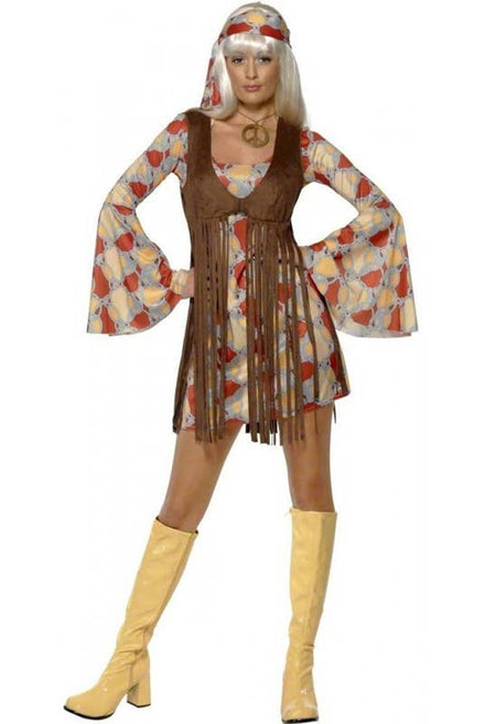 Women's 60's Brown Hippie Costume Dress and Fringed Vest -  Front View