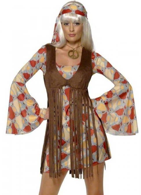 Women's 60's Brown Hippie Costume Dress and Fringed Vest -  Zoom View