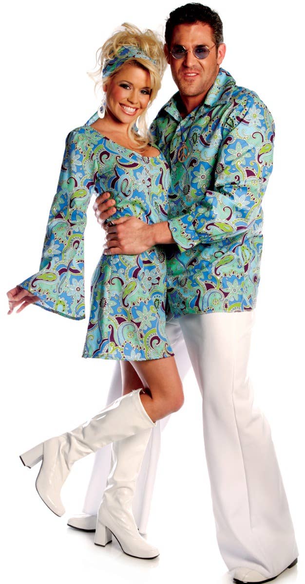 Blue Go Go Women's 60's Fancy Dress Hippie Costume - Couples Image