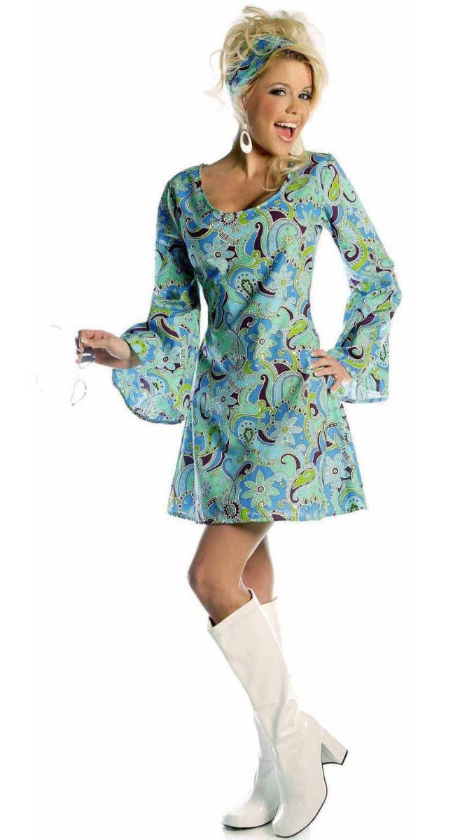 Blue Go Go Women's 60's Fancy Dress Hippie Costume - Main Image