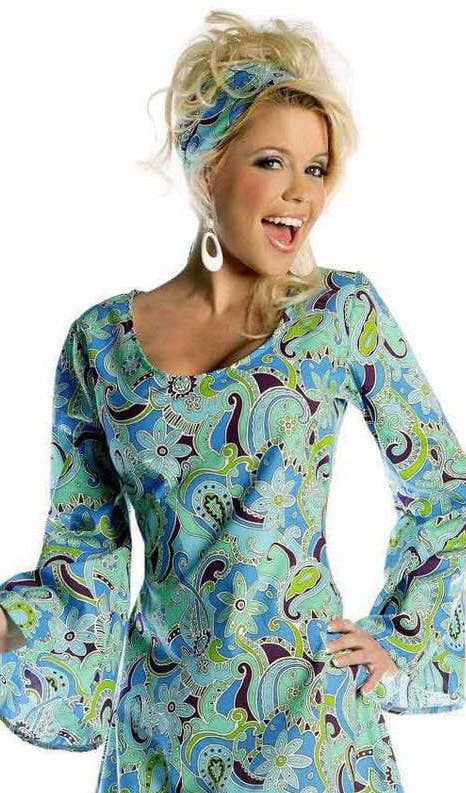 Blue Go Go Women's 60's Fancy Dress Hippie Costume - Zoom Image