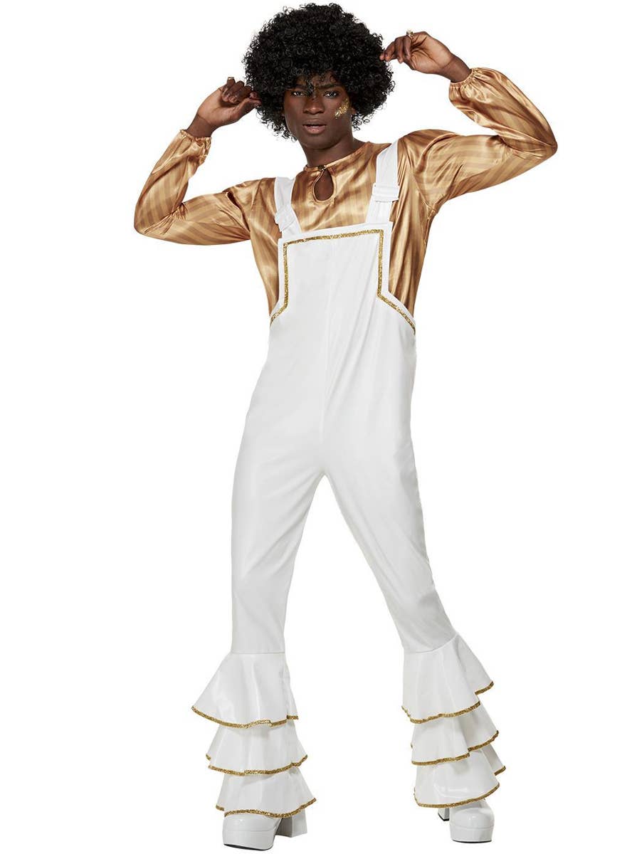 Men's White and Gold Flared Disco Jumpsuit Costume - Alternate Image