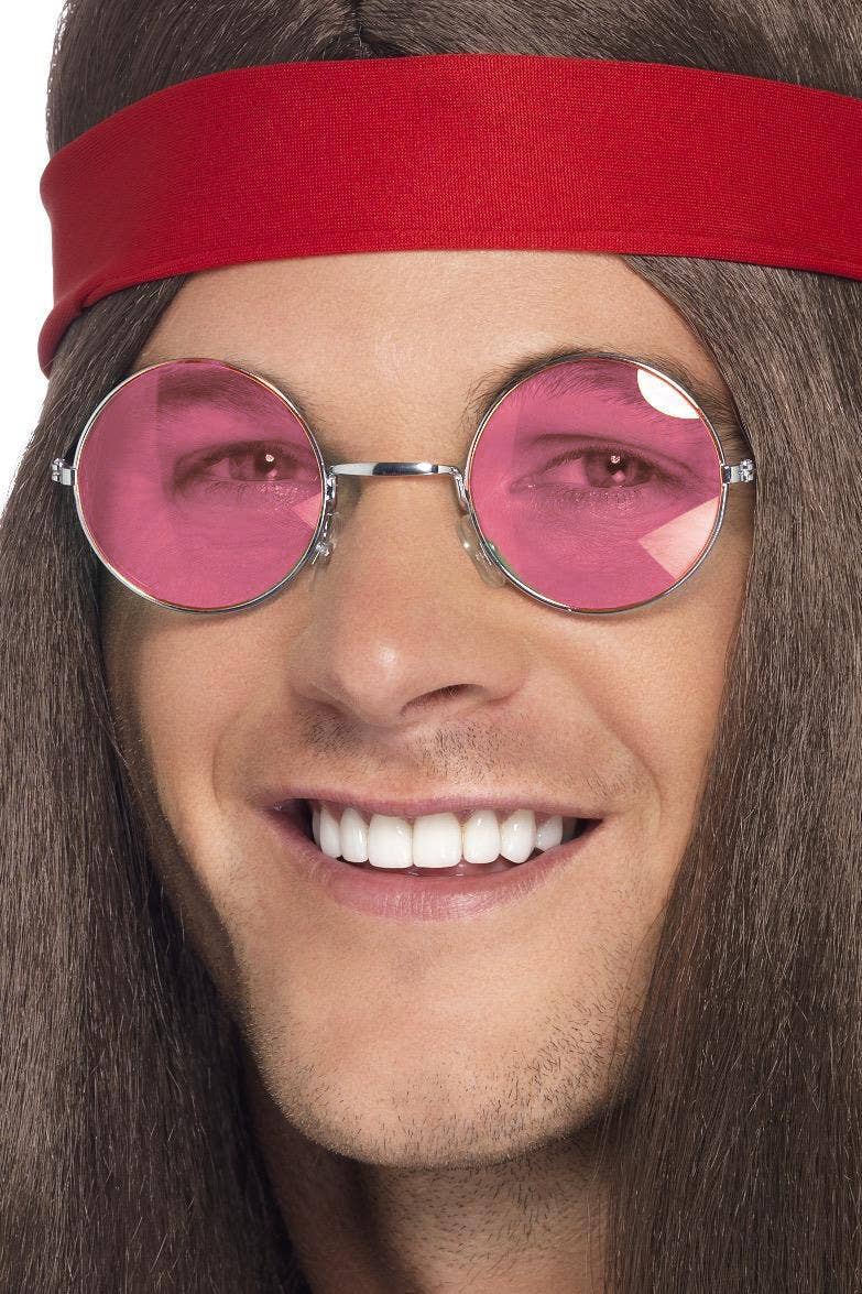 70s Round Hippie Costume Glasses with Pink Lenses - Main Image