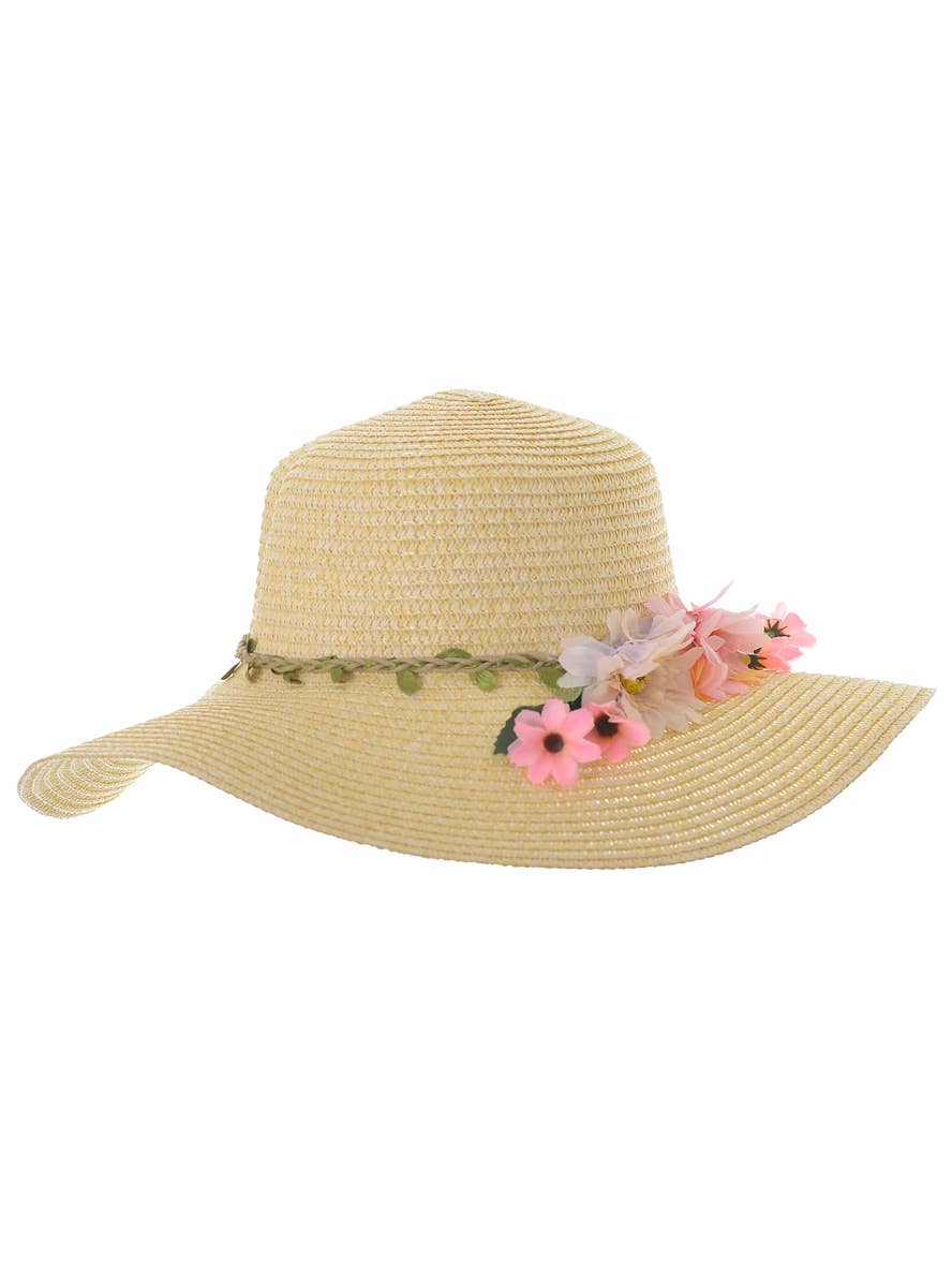 Natural Straw 1970s Floppy Costume Sun Hat with Flowers