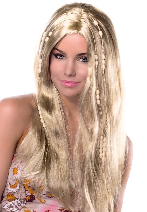 Women's Long Blonde 70s Hippie Costume Wig With Beads - Alternate Image