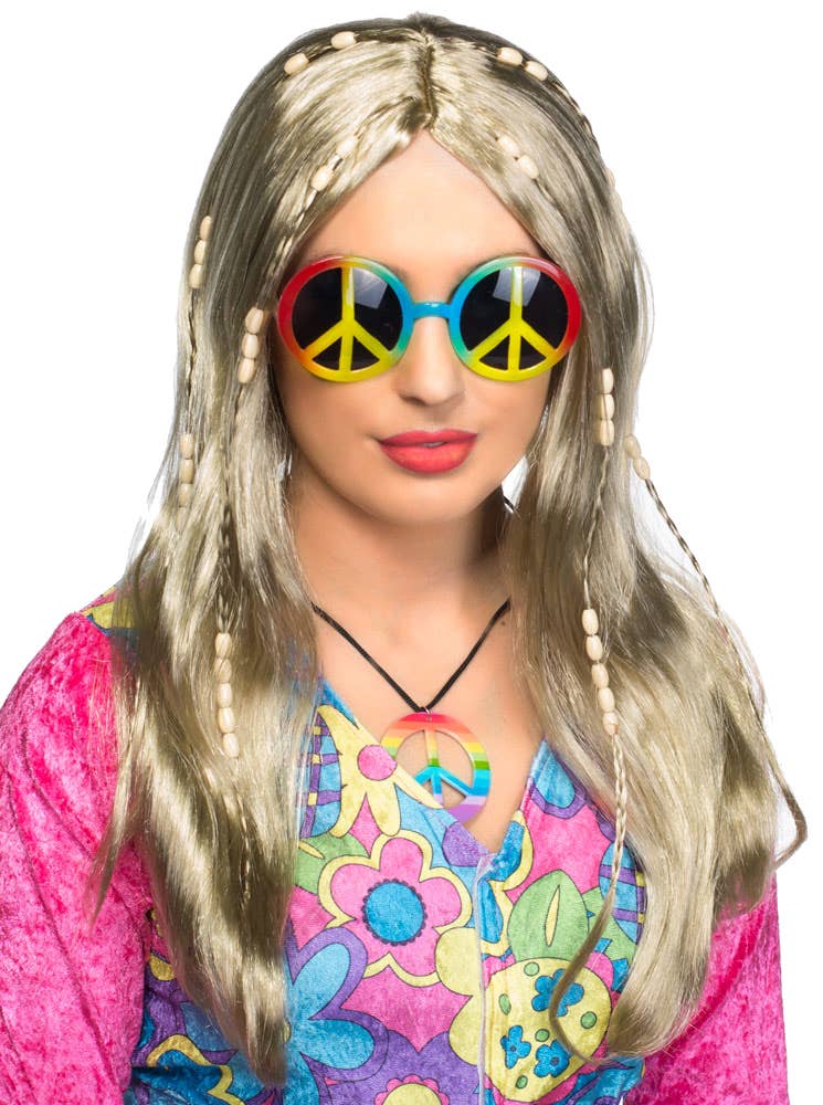 Women's Long Blonde 70s Hippie Costume Wig With Beads - Main Image