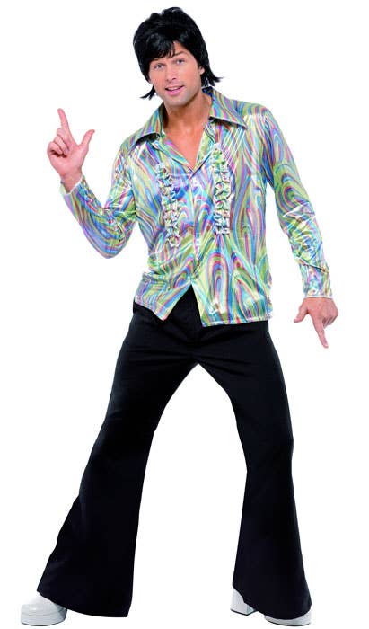 70s Metallic Rainbow Ruffled Disco Mens Costume Shirt - Main Image