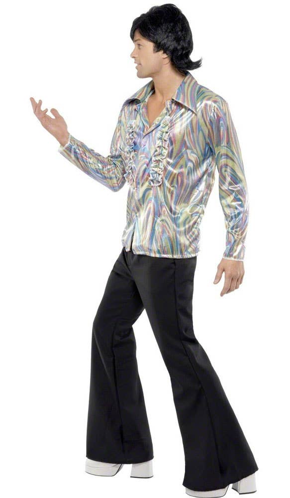 70s Metallic Rainbow Ruffled Disco Mens Costume Shirt - Side Image