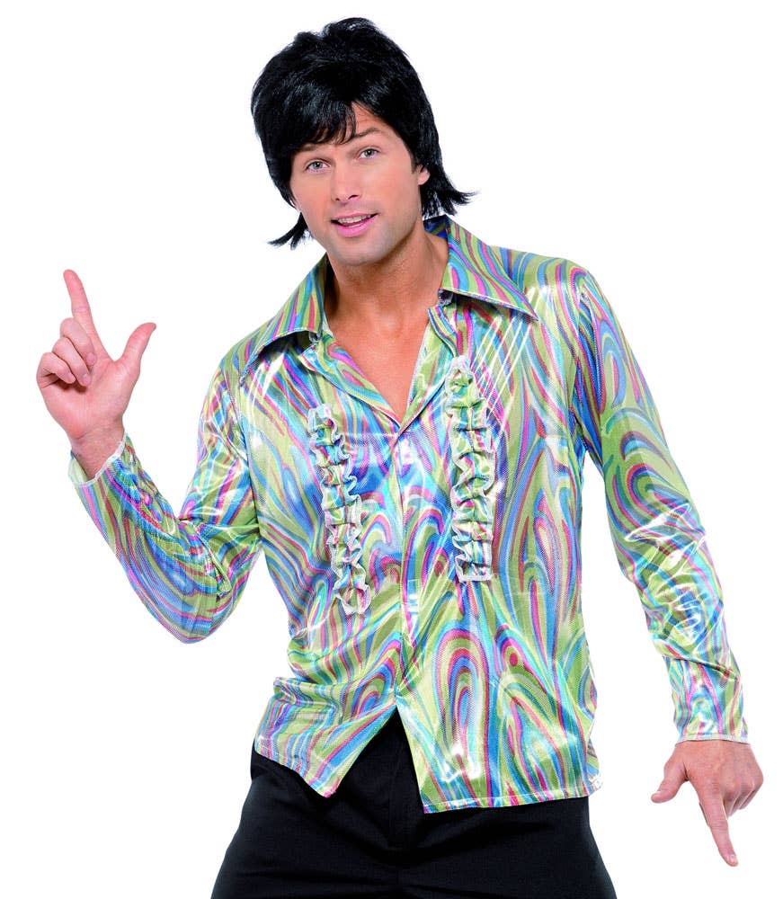 70s Metallic Rainbow Ruffled Disco Mens Costume Shirt - Zoom Image