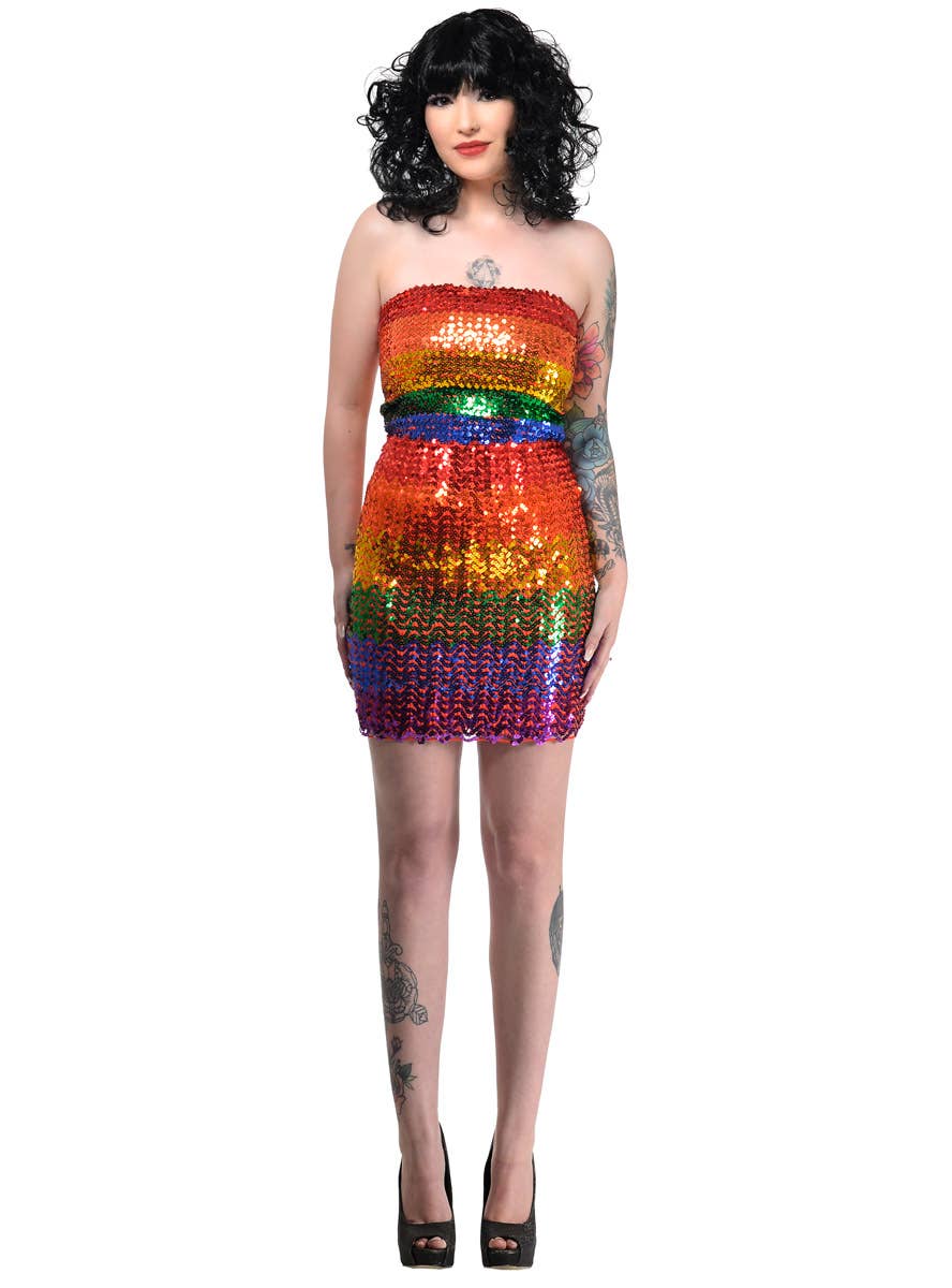 Womens 1970's Rainbow Sequin Boob Tube Costume Top - Full Image