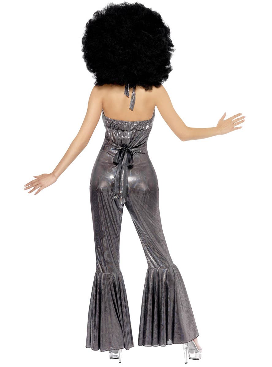 Womens Silver 70s Disco Diva Costume Halter Neck Jumpsuit - Back Image