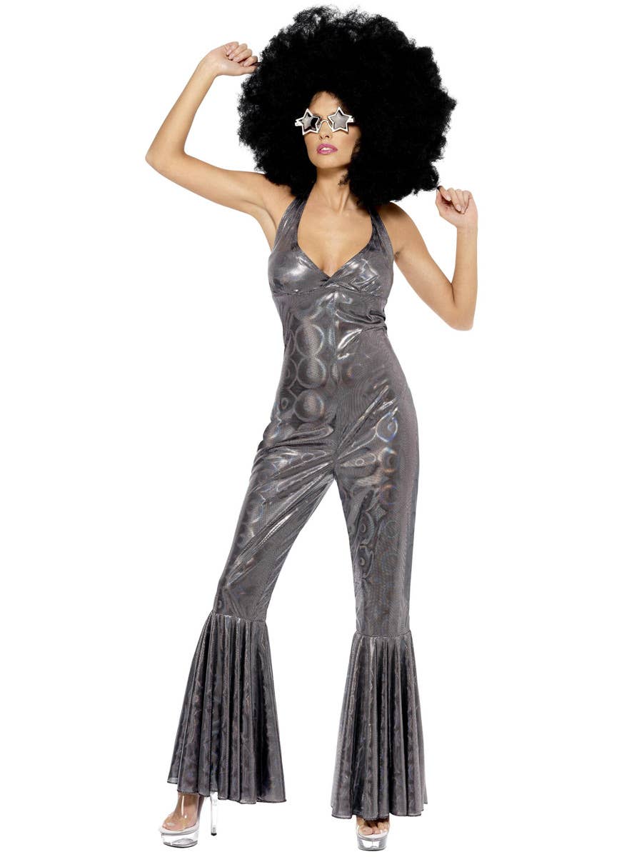 Womens Silver 70s Disco Diva Costume Halter Neck Jumpsuit - Front Image