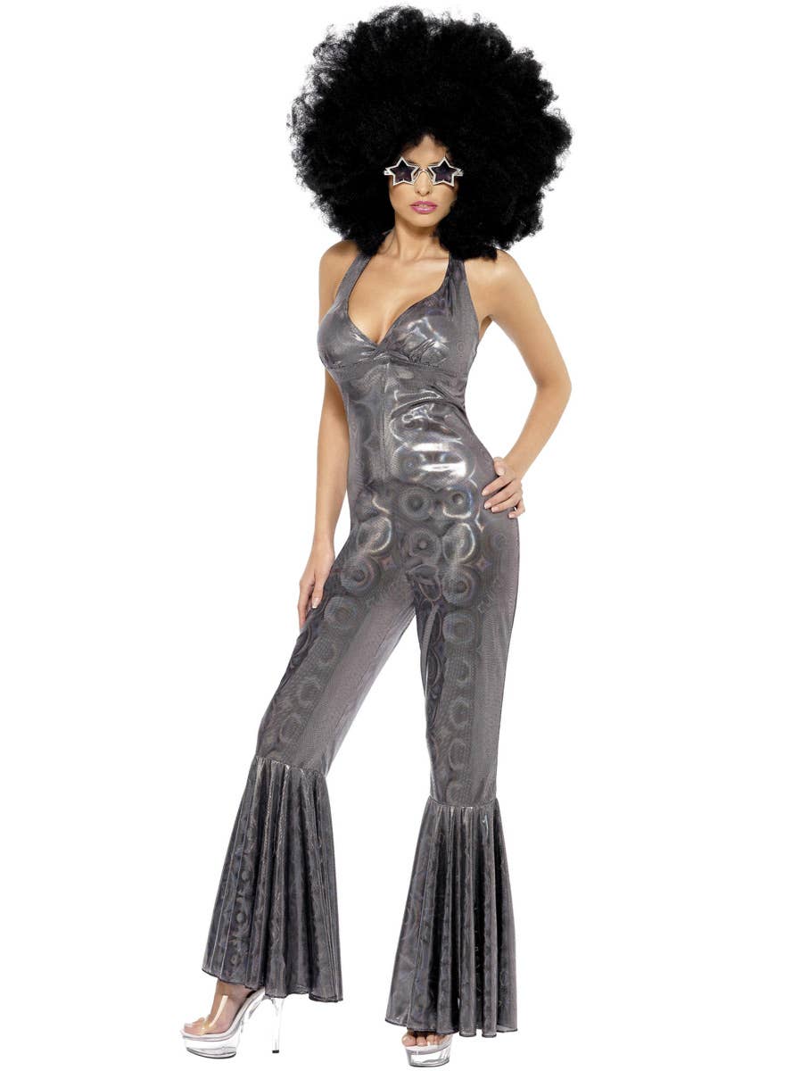 Womens Silver 70s Disco Diva Costume Halter Neck Jumpsuit - Main Image