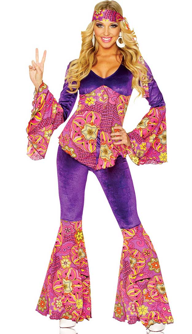 Flower Power Pink and Purple Hippie Women's 1960's Costume Front View