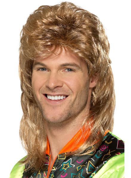 1980's Brown with Blonde Highlight Mullet Wig - Front Image