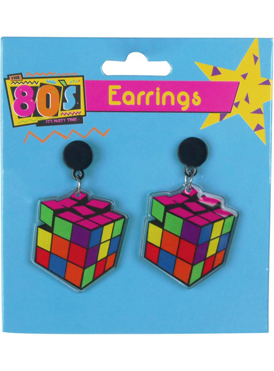 Colourful Rubik's Cube 1980s Costume Earrings - Main image