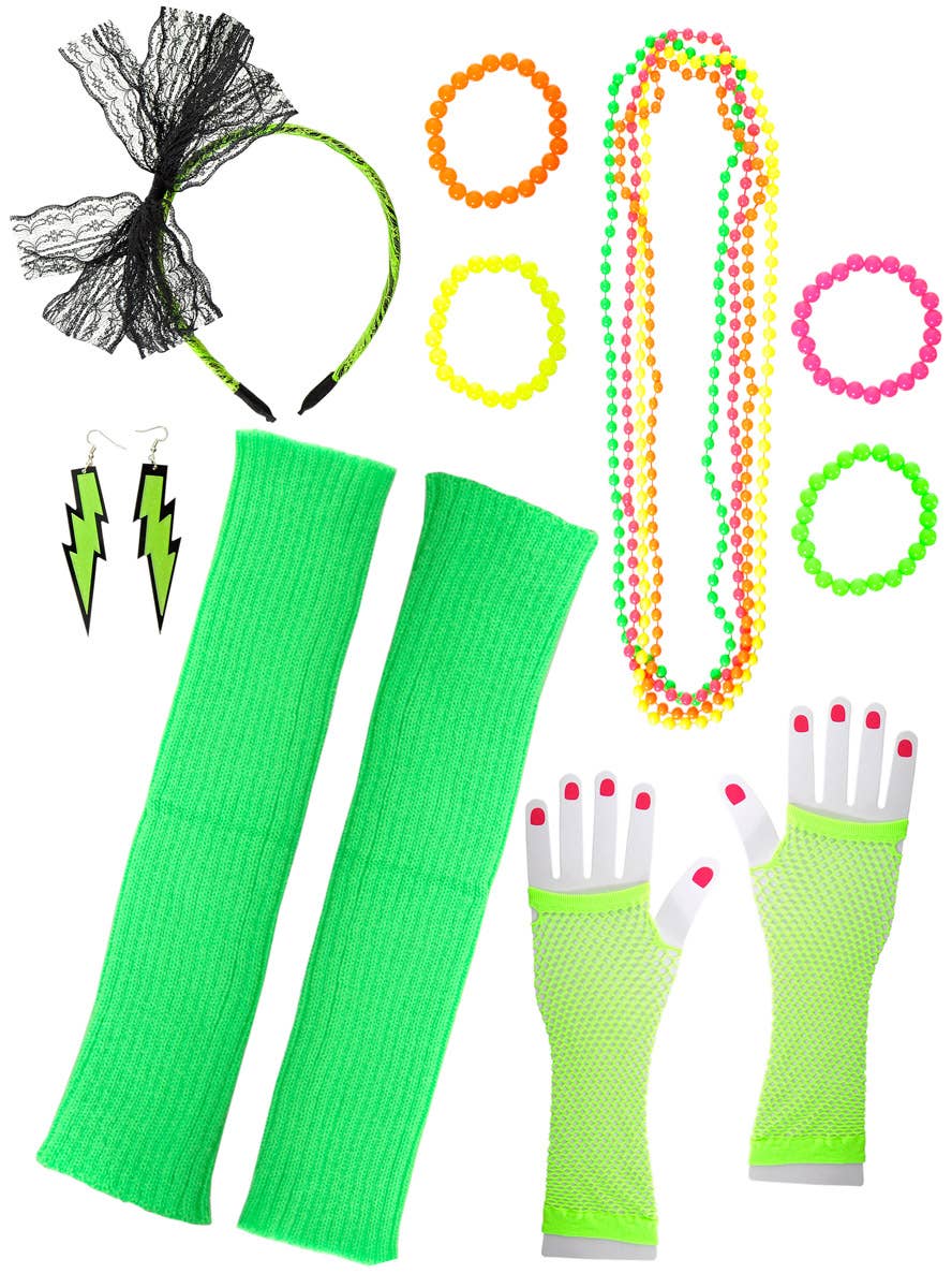 Neon Green 12 Piece 1980s Costume Accessory Set - Main Image