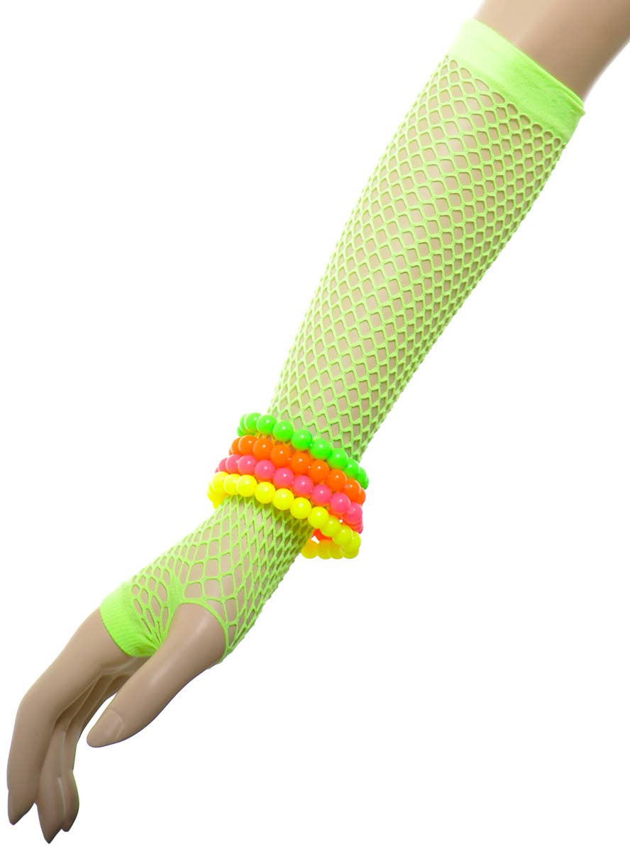 Neon Green 12 Piece 1980s Costume Accessory Set - Fishnet Gloves and Bracelet Image