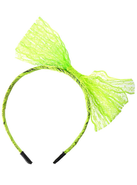 Image of Neon Green 1980's Lace Bow Costume Headband - Main Image