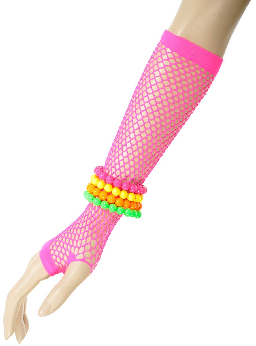 Image of Neon Pink 12 Piece 1980s Costume Accessory Set - Fishnet Gloves and Bracelets Image