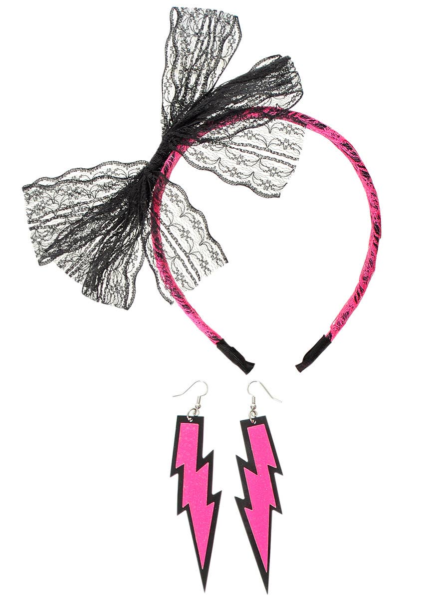 Image of Neon Pink 12 Piece 1980s Costume Accessory Set - Headband and Earrings Image