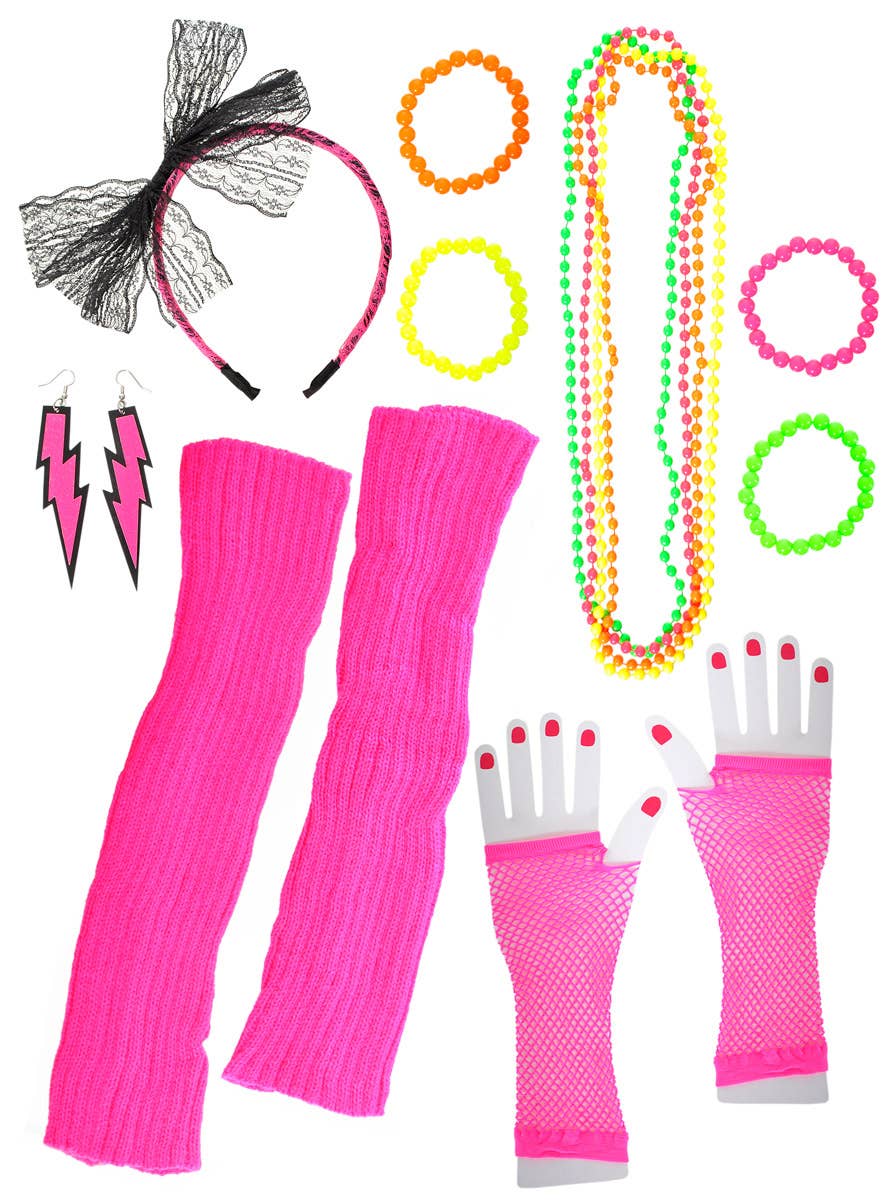 Image of Neon Pink 12 Piece 1980s Costume Accessory Set - Main Image