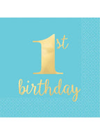 Image of 1st Birthday Boy Blue and Gold 16 Pack Lunch Napkins