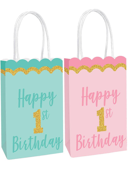 Image of 1st Birthday Green and Pink Pack of 8 Favour Bags