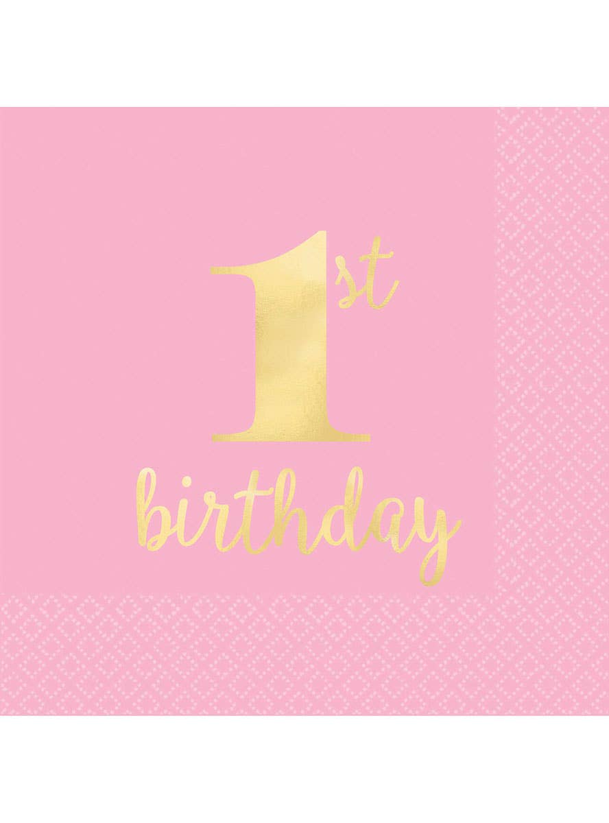 Image of 1st Birthday Girl Pink and Gold 16 Pack Beverage Napkins