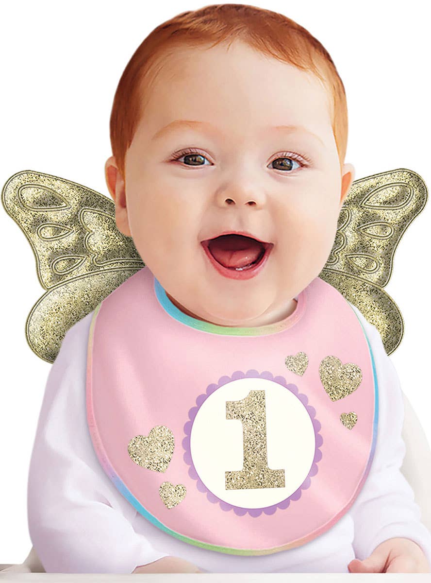 Image of 1st Birthday Girl Pink Bib with Wings