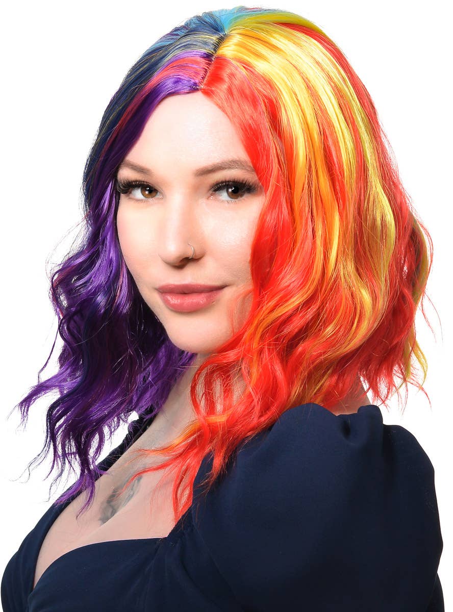 Image of Bright Rainbow Women's Wavy Mid Length Costume Wig - Alternate Side View