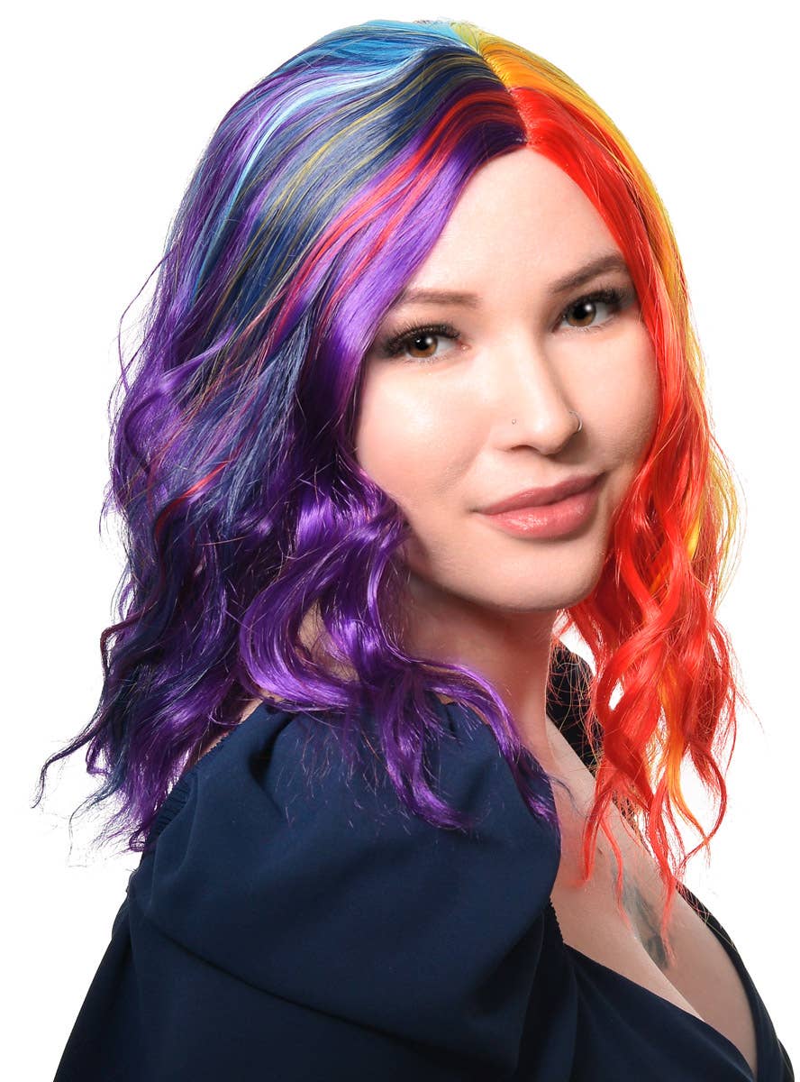 Image of Bright Rainbow Women's Wavy Mid Length Costume Wig - Side View