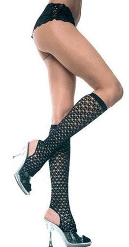 Open Heel Black Lace Knee High Stockings for Women