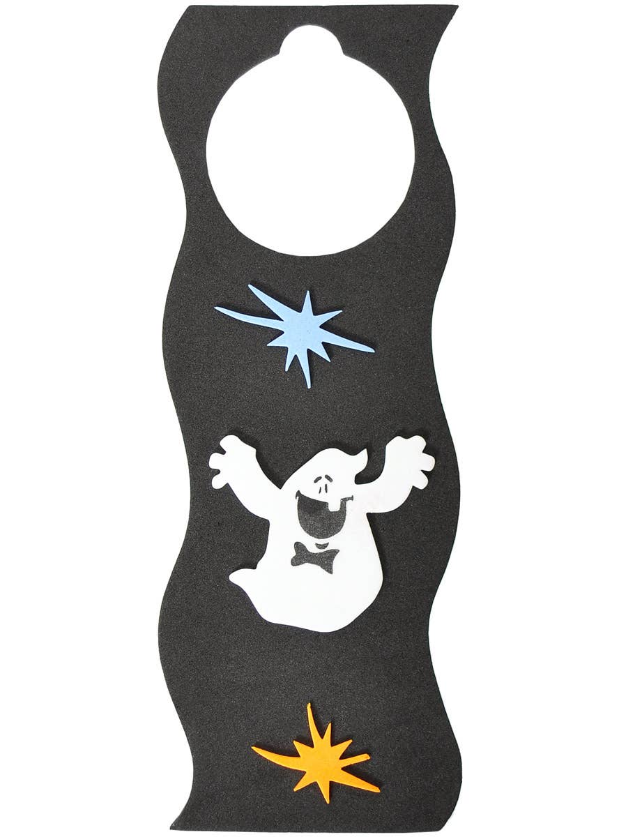 Image of Happy Ghost Child Friendly Black Halloween Door Sign