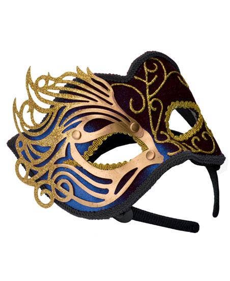 Blue Velvet Masquerade Mask with Gold Fretwork Overlay