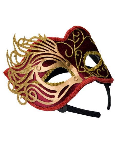 Red Velvet Masquerade Mask with Gold Fretwork Overlay