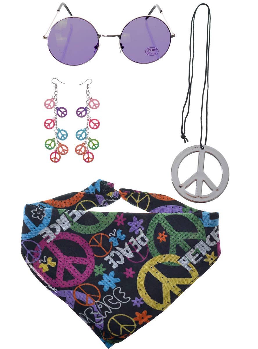 1970's Peace Sign 4 Piece Hippie Accessory Set with Round Purple Glasses