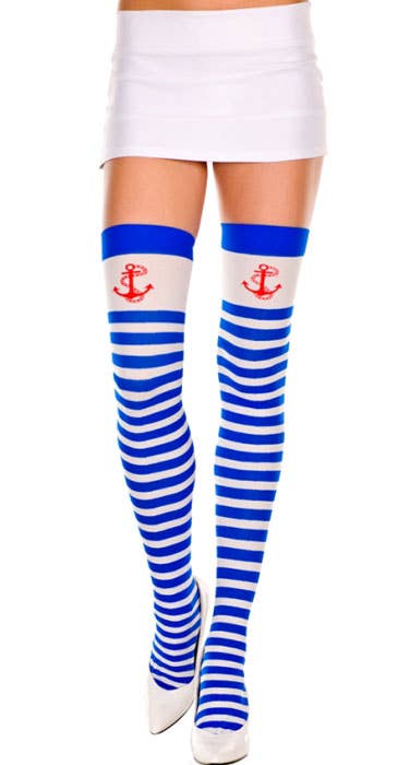 Blue and White Sailor Striped Women's Thigh Stockings with Anchors