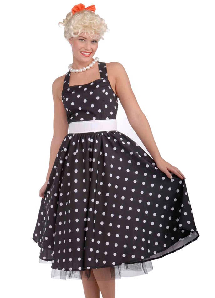 50s Dress Up Women's Black Polka Dot Retro 1950's Costume - Close View