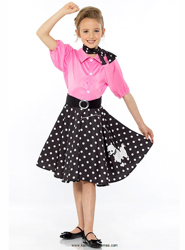 Image of Girls Pink Poodle Skirt 50s Rocker Costume - Alternate Front Image