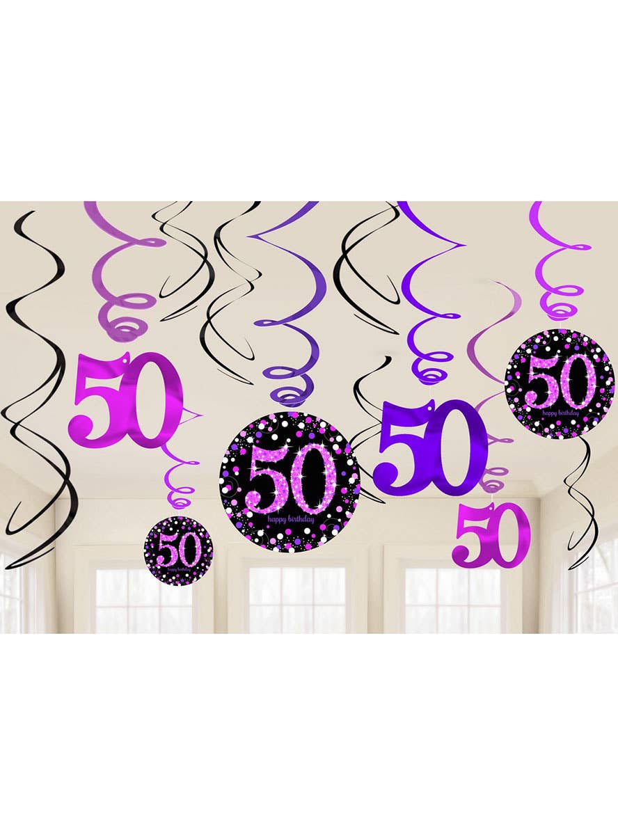 Image of 50th Birthday Pink and Black Hanging Spirals Decoration