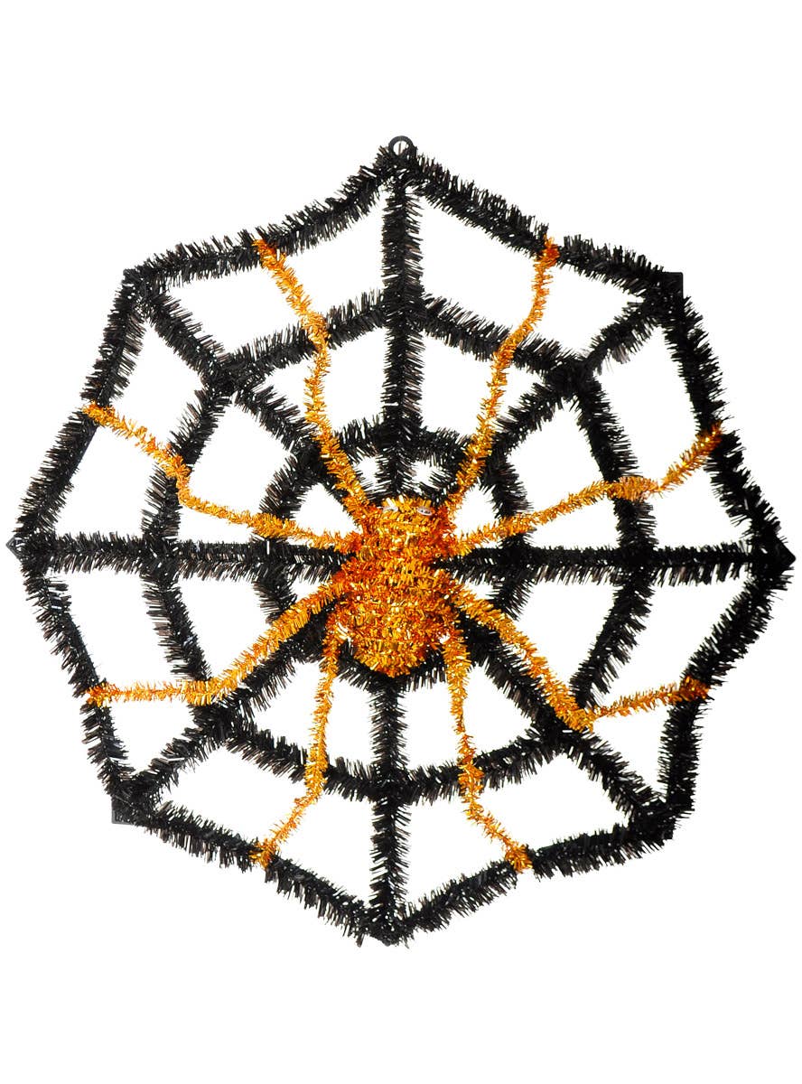 Image of Tinsel Black and Orange Spiderweb Halloween Decoration