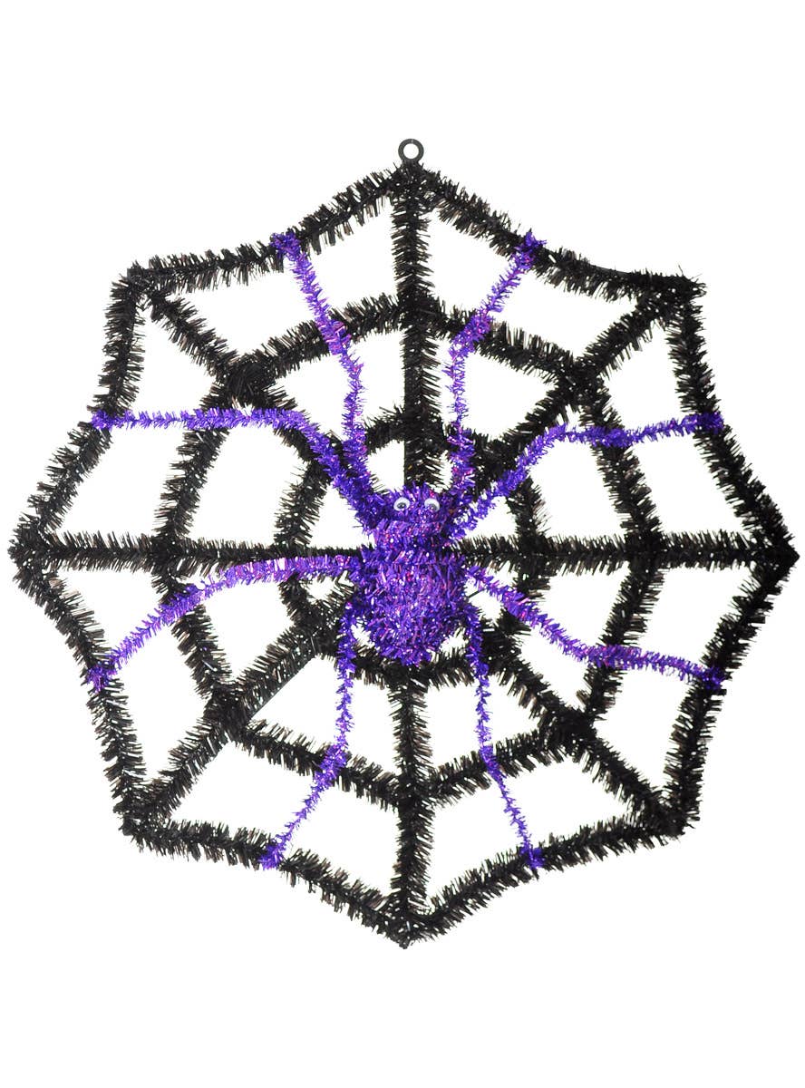 Image of Tinsel Black and Purple Spiderweb Halloween Decoration