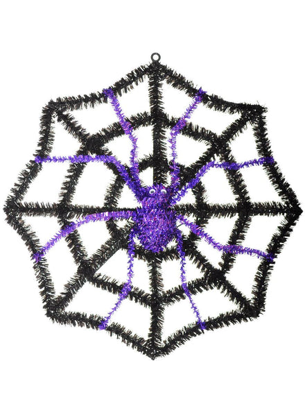 Image of Tinsel Black and Purple Spiderweb Halloween Decoration